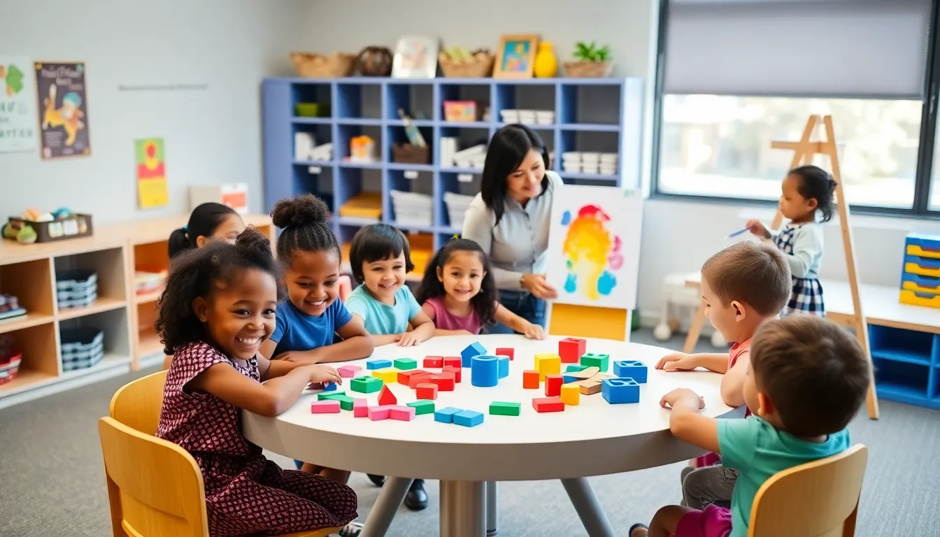 children engaged in interactive learning activities in a preschool classroom.