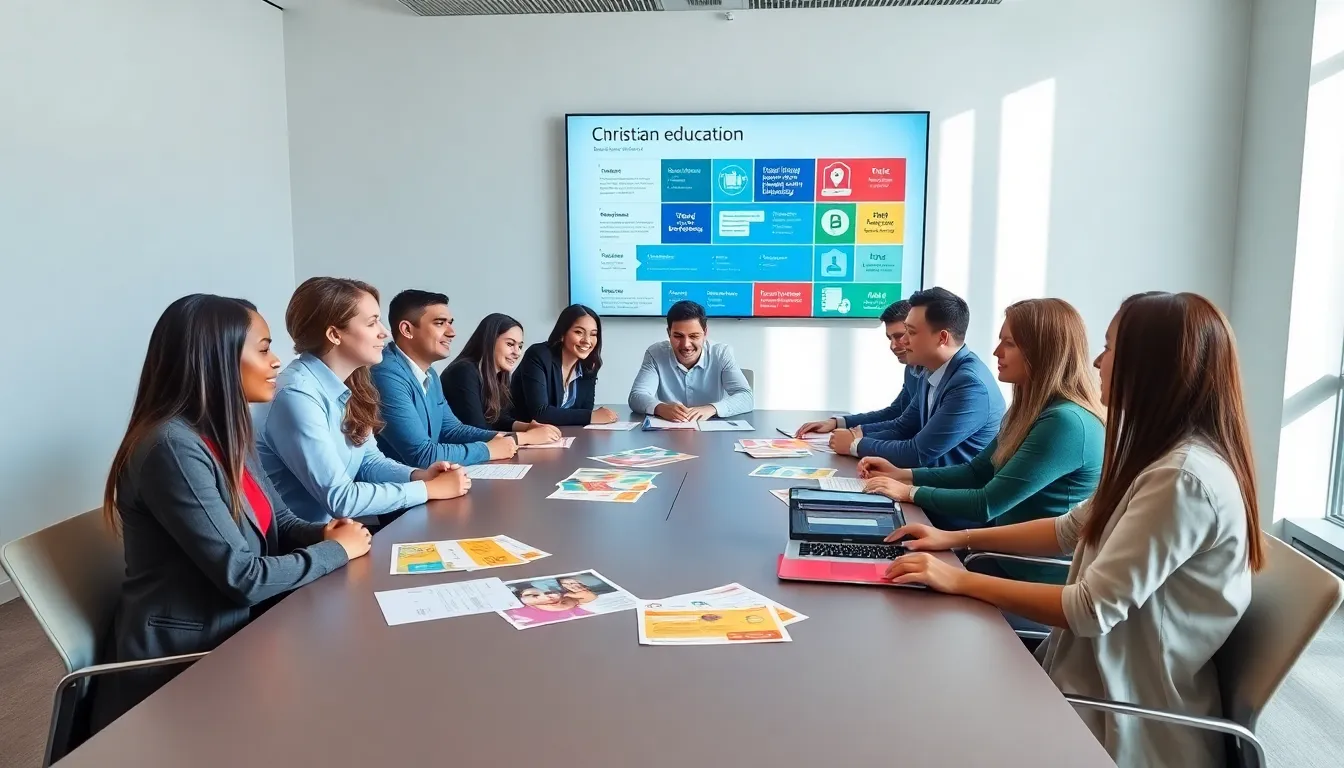 diverse students collaborating on Christian education curriculum in a modern classroom.