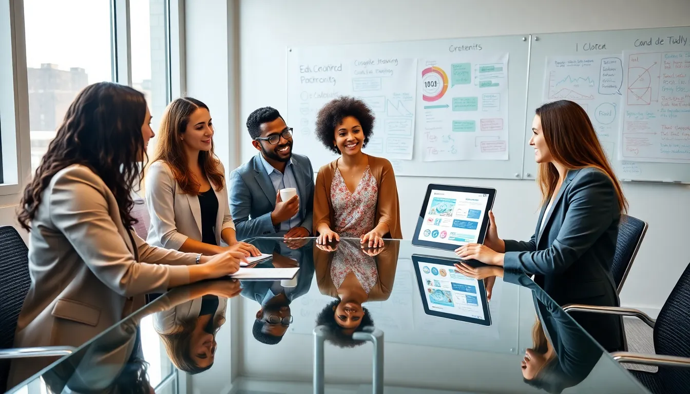 diverse team discussing education strategies in a modern office.