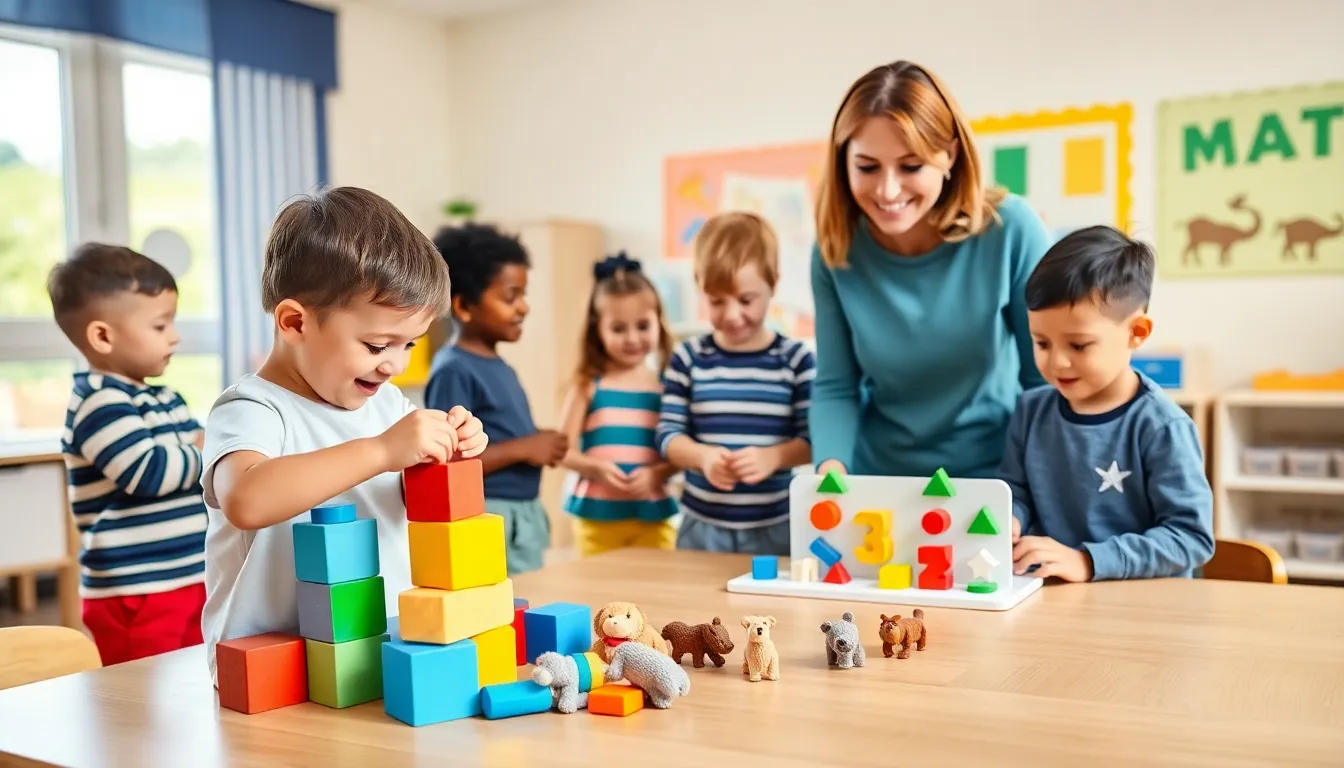 children engaging with math materials in a vibrant preschool classroom.