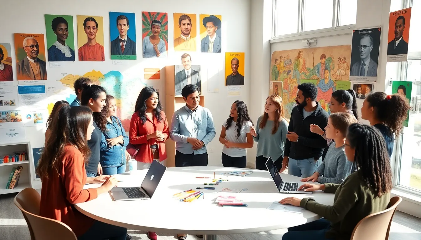 diverse students collaborating on an art project in a modern classroom.