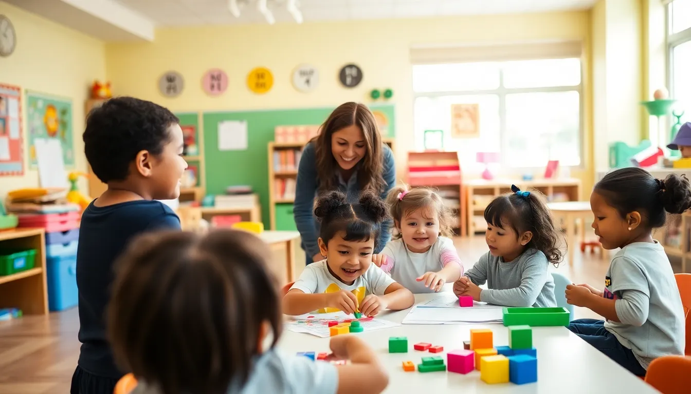 children happily engaging in activities in a vibrant preschool classroom.