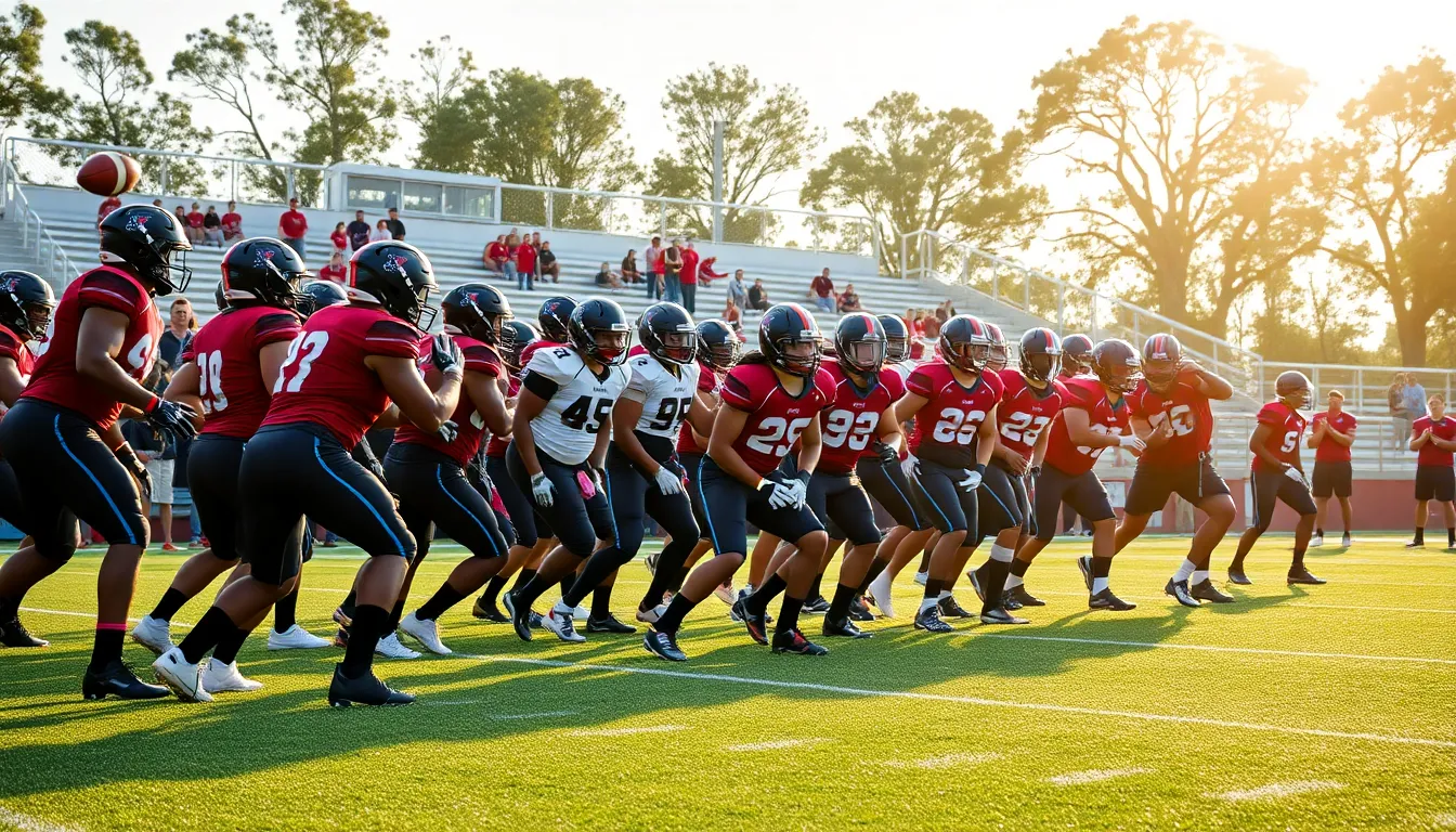 Santaluces High School football team practicing on a vibrant field.