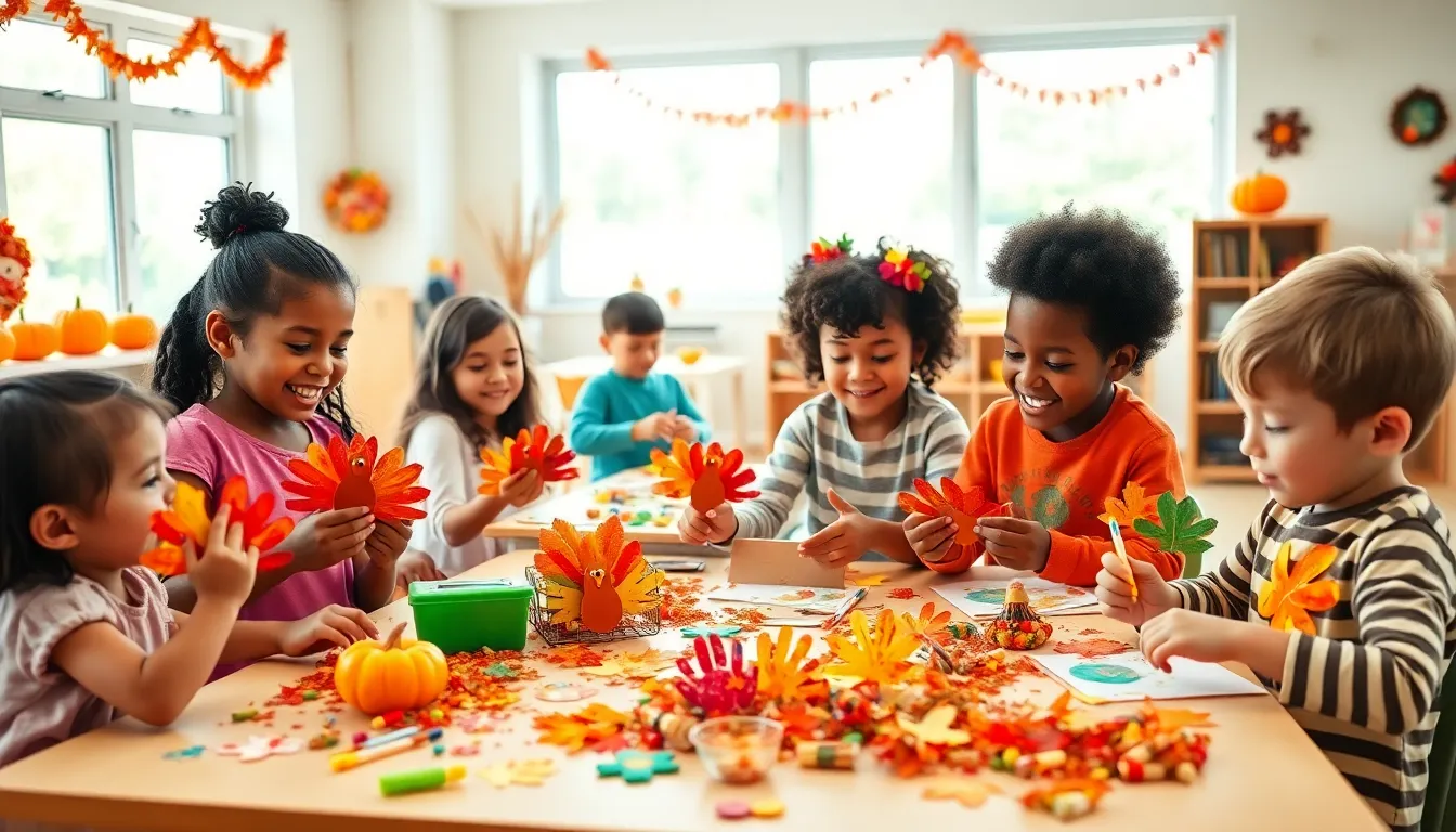 preschool children crafting Thanksgiving-themed art projects in a colorful classroom.