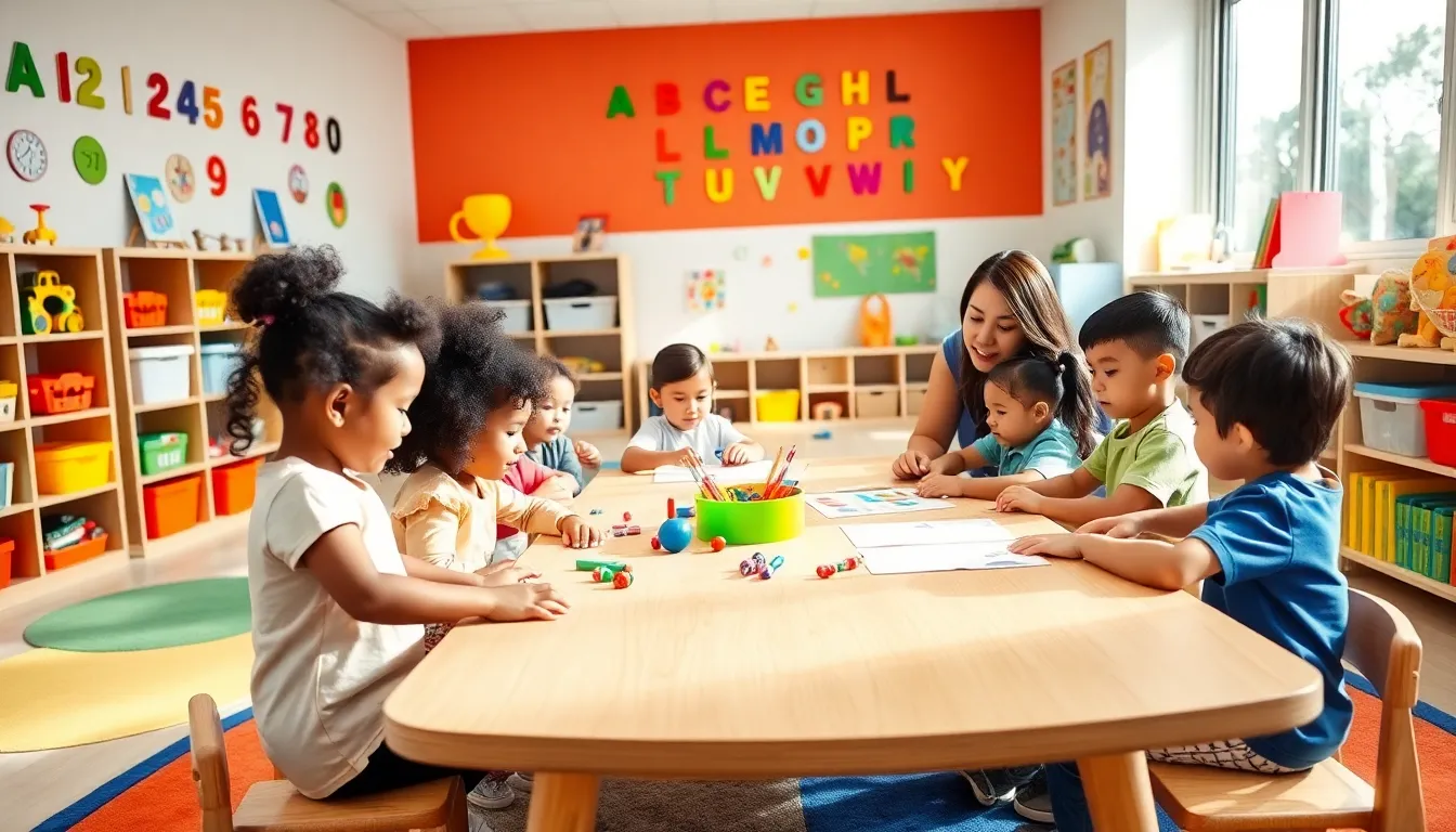 diverse children engaged in activities in a bright preschool classroom.